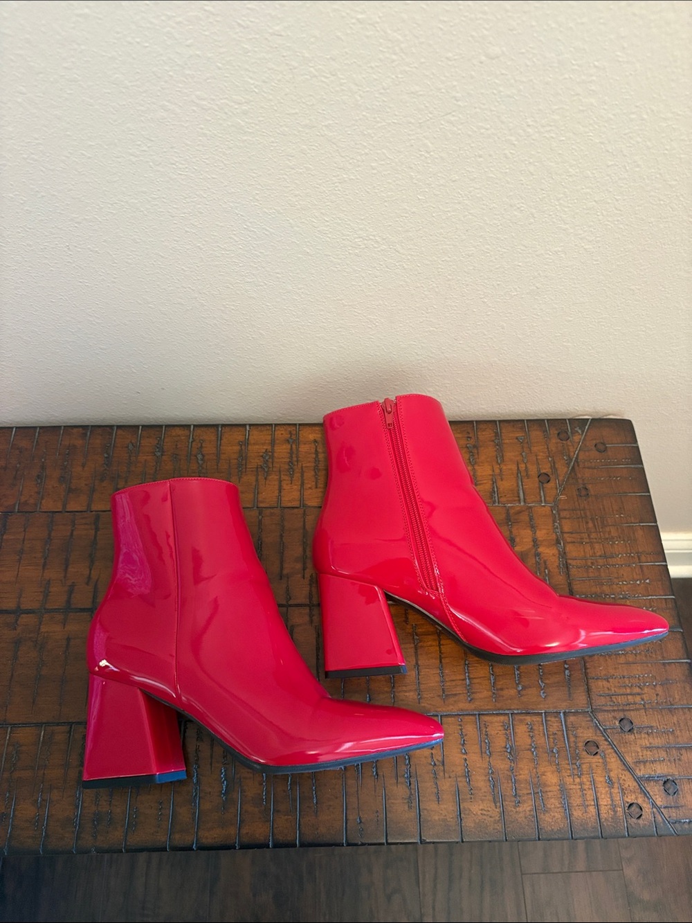 BAMBOO Patent Leather Red Heeled Ankle Boots Size 10 - Picture 3 of 7